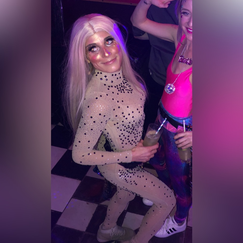 Bedazzled Mesh Nude Bodysuit With Rhinestones And Bla Gem